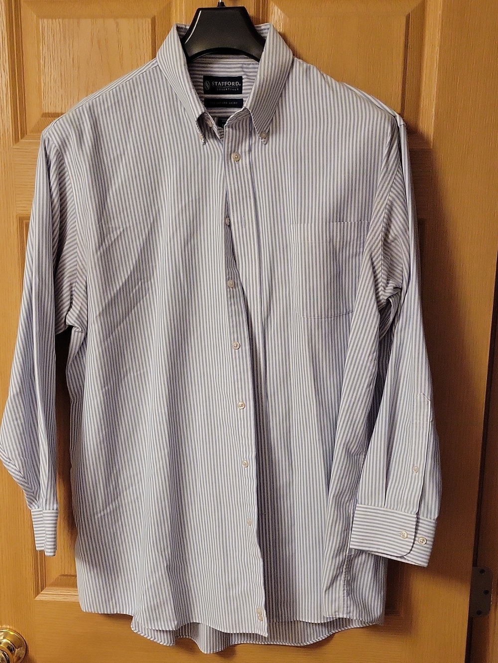 Stafford Men's Light Blue and White Pinstripe Dress Shirt